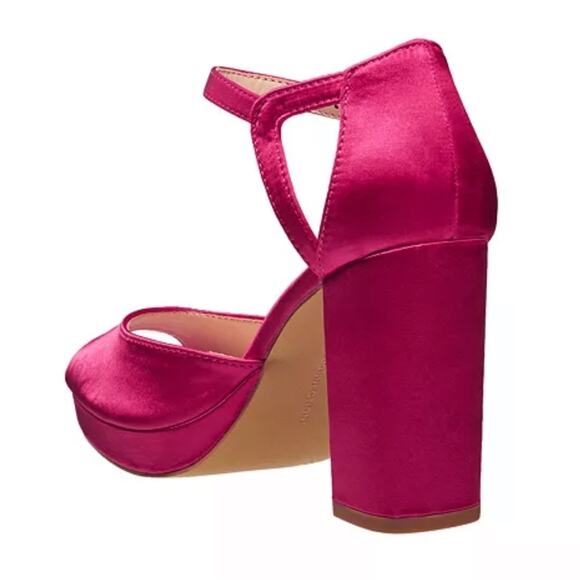 French Connection Women's Platform Peep Toe Pumps NEW Bright pink satin Size 11 - Picture 3 of 12